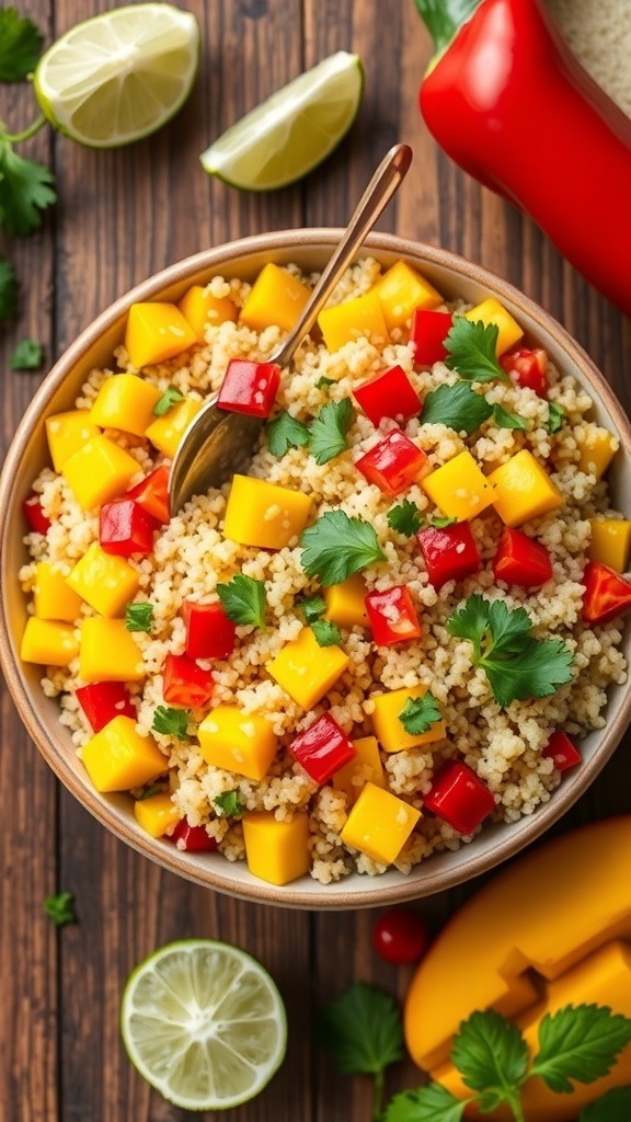 Mango Quinoa Salad Recipe A colorful mango quinoa salad with quinoa, mango, bell peppers, and cilantro in a bowl on a wooden table.